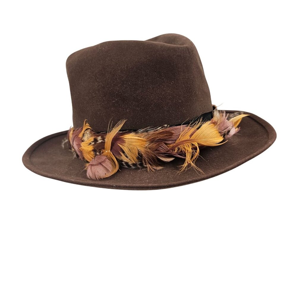 Stetson 3X Beaver Quality Brown Felt Western Hat Feather Band Hecht Co Wide Brim